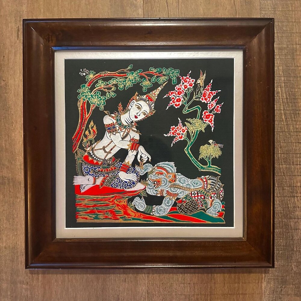 Vtg Framed Painted Temple Rubbing on Green Silk of Sita and Hanuman, from Wat Po